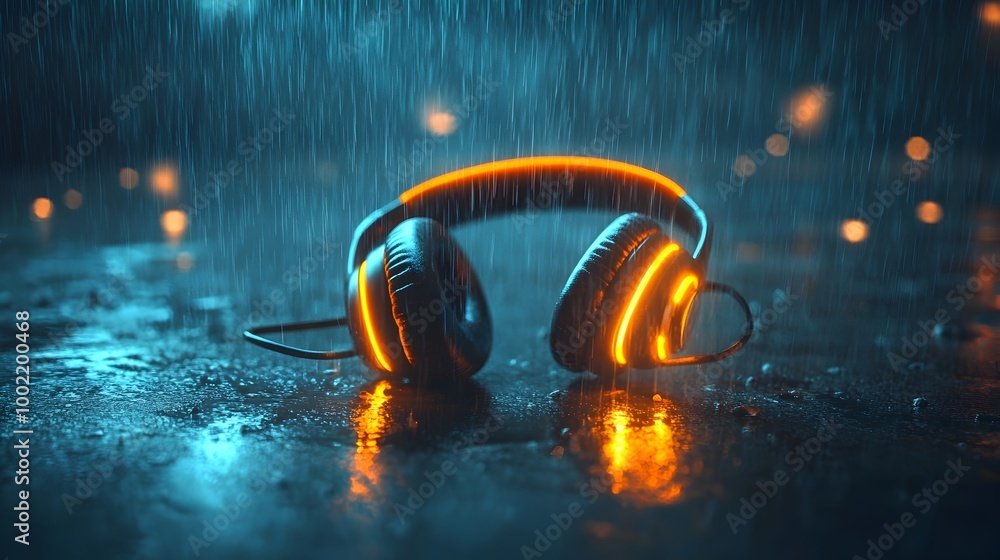 Poster glowing headphones resting peacefully in the rain protected by an invisible barrier that symbolizes 