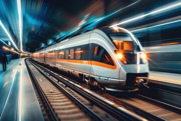 Naklejka premium Futuristic High-Speed Electric Train in Motion for Efficient Urban Transportation