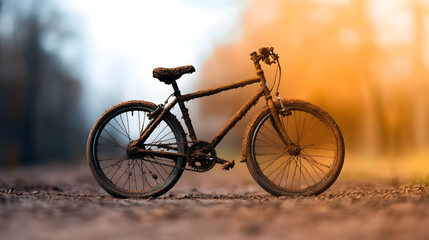 Fototapeta premium A rustic bike resting on a dirt path, surrounded by warm, blurred light, perfect for showcasing outdoor adventures.