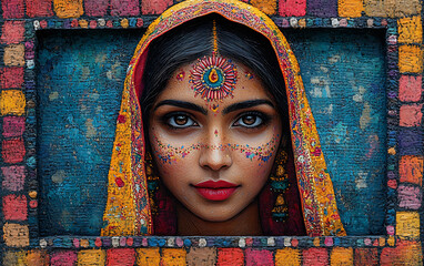 Vibrant Madhubani Art: Indian Woman in Sari on Textured Background