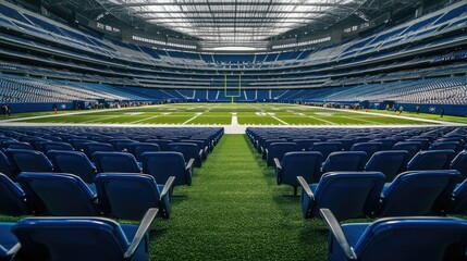 Fototapeta premium Close-up of the stadium seating with an empty football field, leaving space for copy.