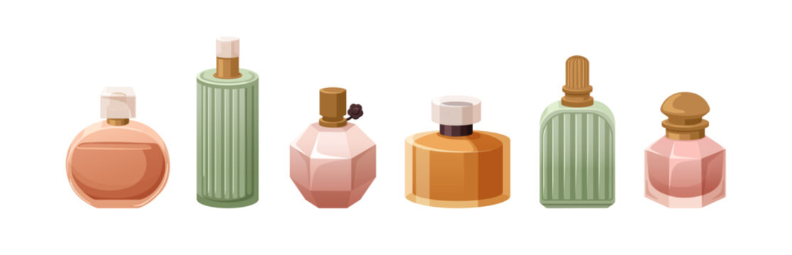 Perfume bottles with fragrant aroma, scented toilet water set. Eau de toilette, cosmetic products. Fragrance, perfumery in flasks, vials. Flat graphic vector illustration isolated on white background