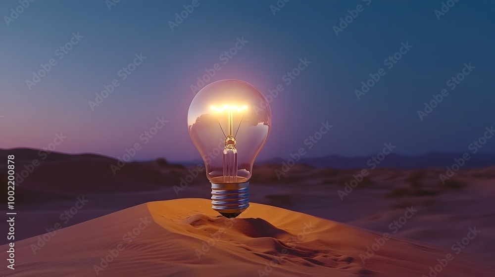 Poster glowing oversized lightbulb embedded in the sand of a desert landscape shining brightly as the surro