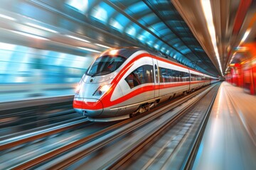 Fototapeta premium Futuristic High-Speed Electric Train in Motion for Efficient Urban Transportation