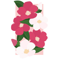 Red and white camellia flowers pattern background. Red Camellia Flower pattern design. Tsubaki Camellia flower and leaves botanical painting. Vector illustration Floral invitation card design.