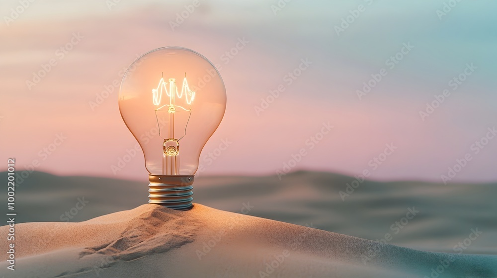 Poster glowing oversized light bulb embedded in the golden sands of a desert landscape shining brightly as 
