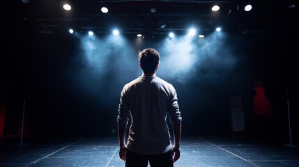 Fototapeta premium A lone performer stands on a darkened stage bathed in spotlights