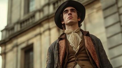 Young Man in 18th Century Clothing Looking Upward