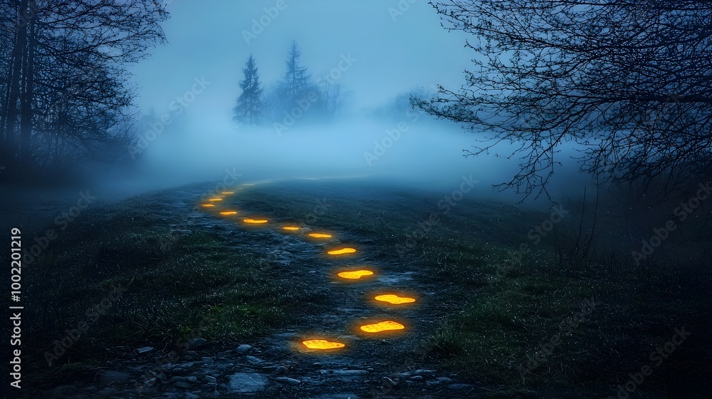 Poster glowing trail of footprints leading into the mysterious fog symbolizing one s ambition and the unsee