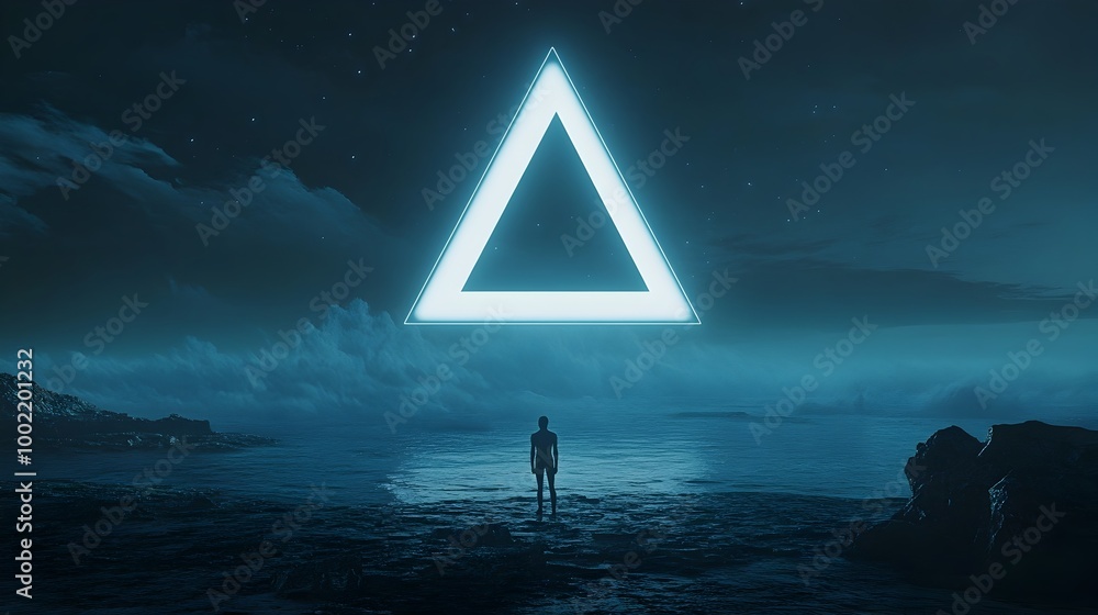 Aufkleber Glowing Triangular Formation in the Sky Over the Bermuda Triangle Casting an Unnatural Luminescent Light Over the Serene Ocean Below  Mysterious Celestial Phenomenon in a Captivating Seascape