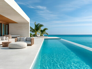 Fototapeta premium A serene resort scene featuring a luxurious pool overlooking the ocean, surrounded by palm trees and modern architecture.