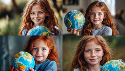 set of red-haired girl with freckles holding planet earth in her hands and smiling