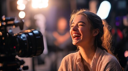 Woman laughing in front of a camera on a film set