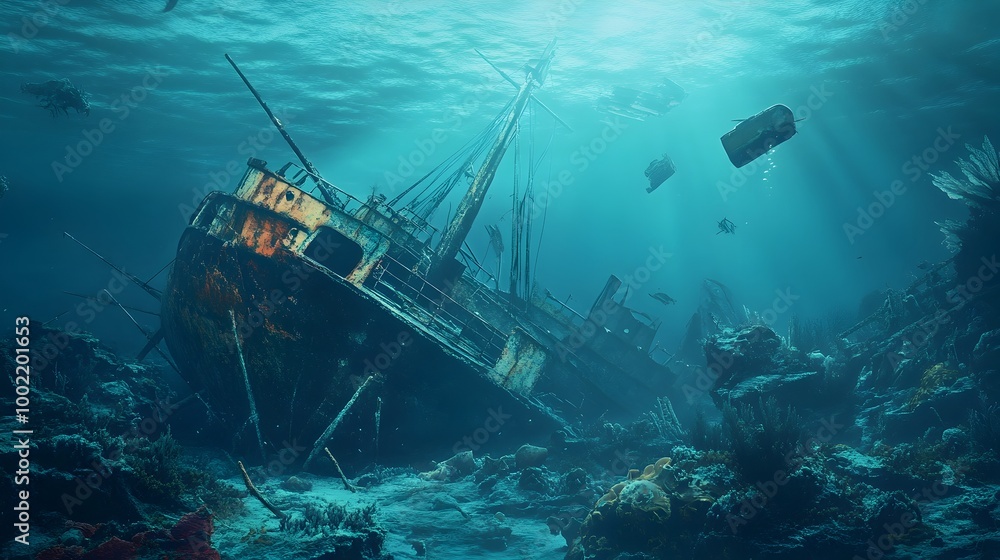 Aufkleber Haunting Wreckage of an Abandoned Ship Resting on the Seafloor in the Enigmatic Bermuda Triangle Surrounded by Captivating Marine Life