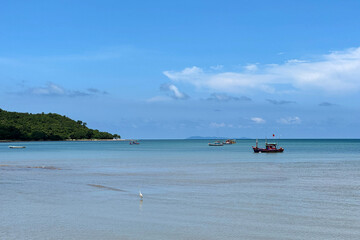 Obraz premium Serene Tropical Beach with Fishing Boats and Calm Blue Waters Under a Clear Sky, Featuring a Coastal Landscape and Wildlife