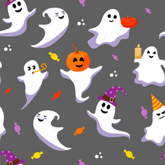 Vector seamless pattern of cute halloween ghost.  Different funny characters on grey background.