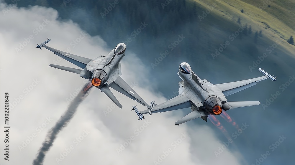 Poster Highly maneuverable military jets performing dynamic synchronized evasive maneuvers with precision and speed in the vast open sky