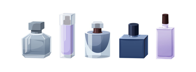 Perfume, fragrance bottles set. Scents, fragrant toilet water in glass vials, flasks. Aroma, eau de toilette. Perfumery collection. Flat cartoon vector illustration isolated on white background