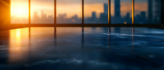 Fototapeta premium A serene view of a modern room during sunset, with polished floor and city skyline visible through large windows.