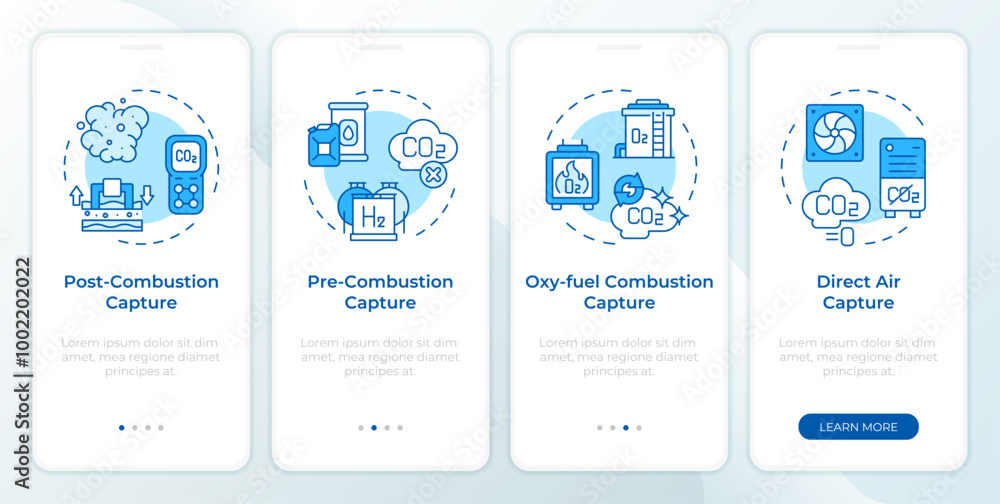 Poster carbon capture technology blue onboarding mobile app screen. walkthrough 4 steps editable graphic in