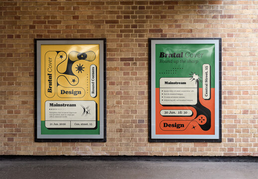 Mockup Of Two Vertical Customized Posters On Brick Wall