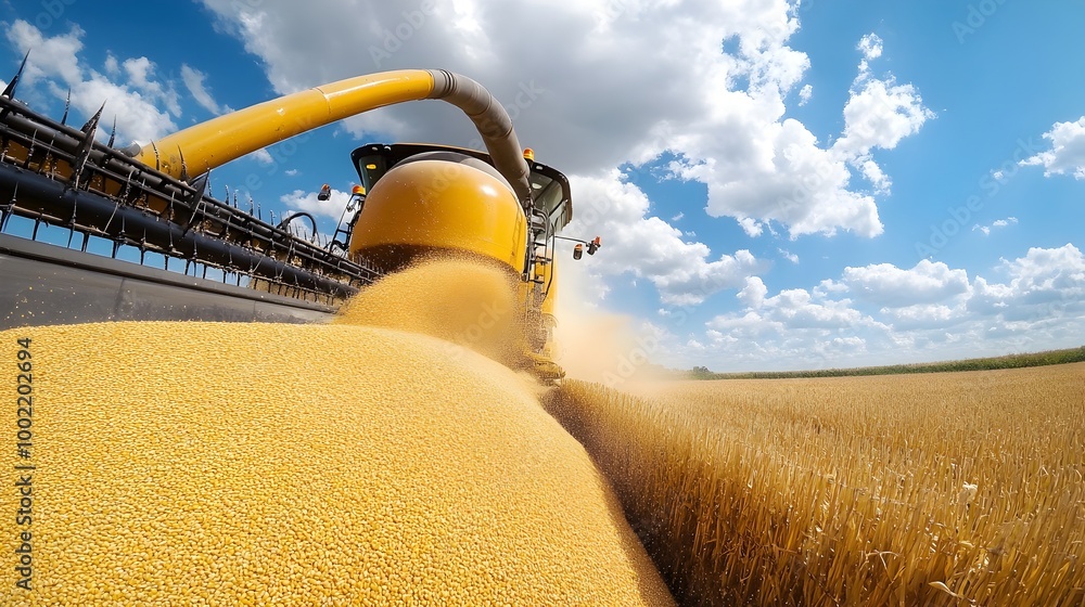 Aufkleber image of a modern combine harvester unloading its grain tank contents into a trailer on a vast rural