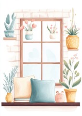 A cozy window scene featuring colorful cushions and potted plants, creating a bright and inviting atmosphere.