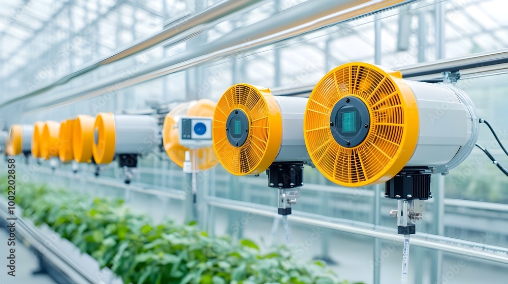 Poster image of an advanced automated greenhouse climate control system featuring sensors and fans for prec