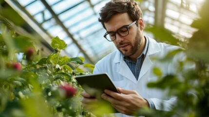 A Man in a White Coat and Glasses Using a Tablet in a Greenhouse