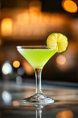 Fototapeta premium A refreshing lime cocktail served in a martini glass with a lime slice garnish, set against a blurred, warm-lit background.