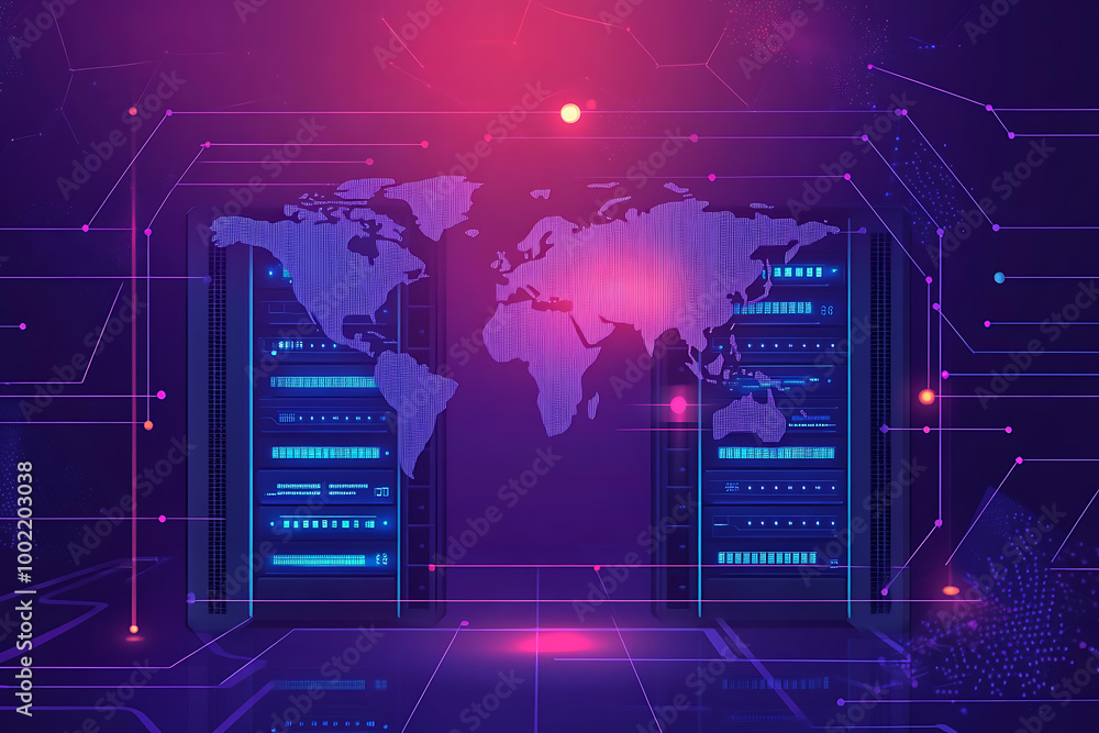 Poster a digital representation of a global network with servers and a world map.