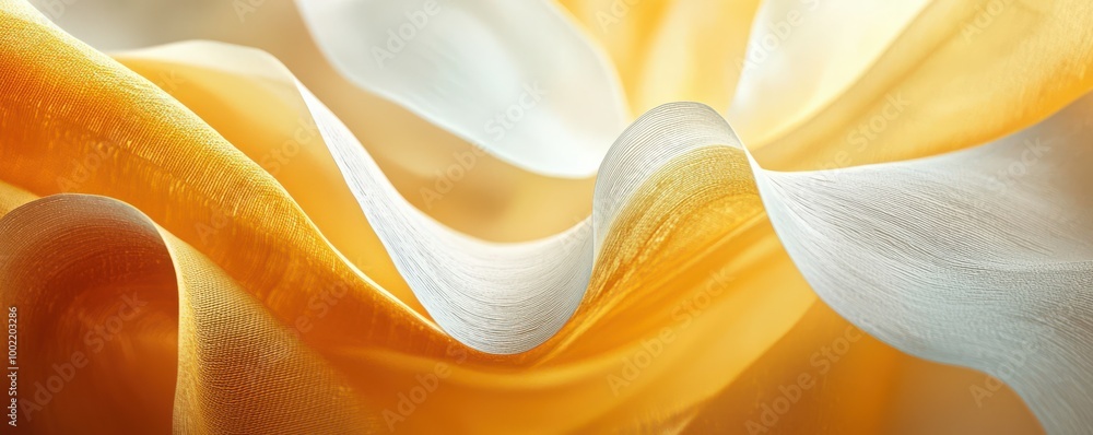 Aufkleber Close-up of yellow and white paper ribbons creating an abstract, flowing texture with soft curves and elegant movement.