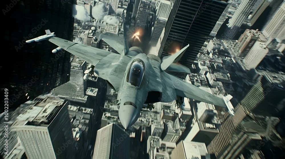 Poster Intense aerial battle with fighter jets weaving and maneuvering between the skyscrapers of a bustling city the capturing their daring high speed combat maneuvers