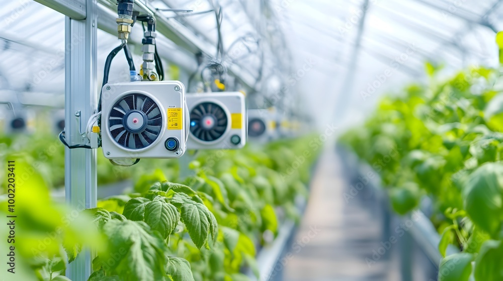 Aufkleber image showcasing the intricate network of sensors and fans that comprise an automated greenhouse climate control system designed to optimize temperature humidity