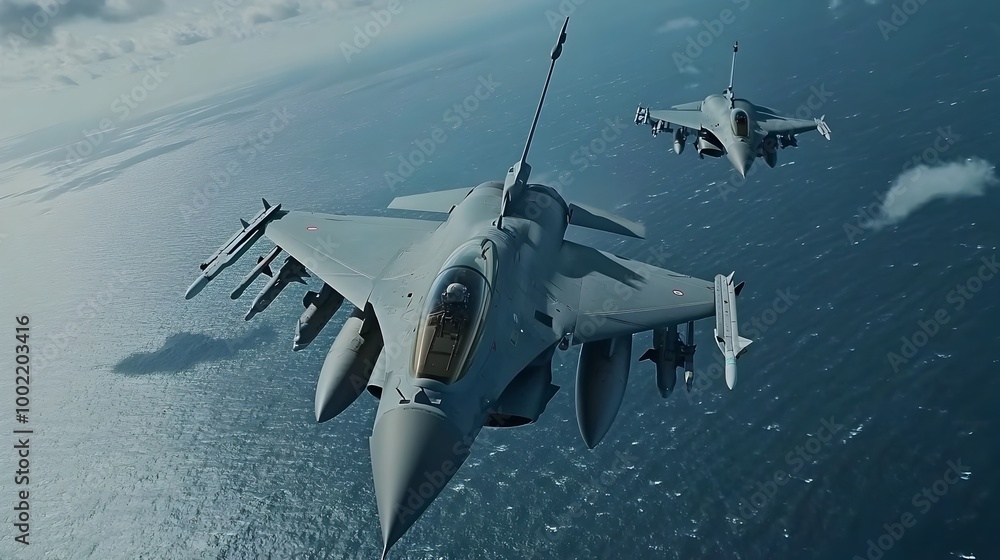 Poster intense aerial combat between state of the art military fighter jets locked in a dynamic dogfight hi