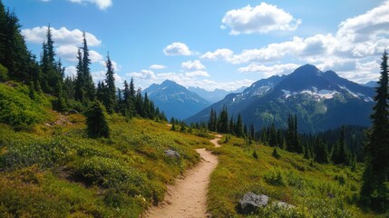 Obraz premium Empty hiking trail on a mountain holiday trip, leaving ample room for copy.