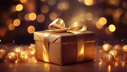 A beautifully wrapped gift with a shiny ribbon and bow, sitting on a table surrounded by twinkling Christmas lights.