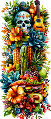 Fototapeta premium A colorful painting of a cactus, a skull, and a guitar. The painting is full of bright colors and has a lively, energetic feel to it