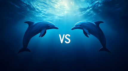 Fototapeta premium A stunning underwater scene featuring two dolphins facing off in a playful showdown, showcasing their beauty and grace.