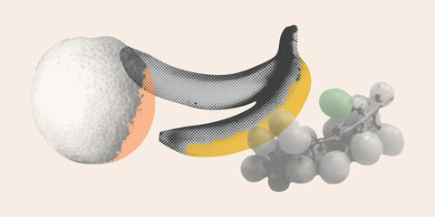 Trendy fruit collection with halftone effect. Bananas, orange, grapes of photocopy effect. Vector illustration for retro collage.
