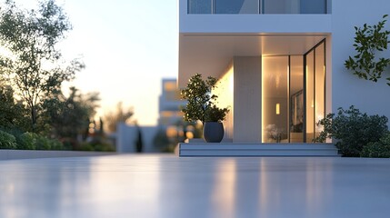 Obraz premium Front view of a stylish city house with clean architectural lines, leaving space for text in the background.