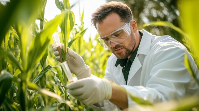 Scientist examining corn plant and soil samples in a field