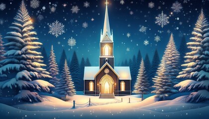 Fototapeta premium A Christmas card scene with a snowy church at night, its steeple glowing from within, surrounded by evergreen trees and snowflakes.