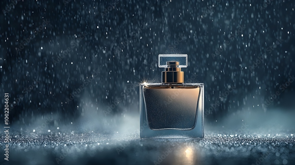 Aufkleber Luxury perfume bottle standing in the rain with mist rising from the ground and soft diffused light creating a halo effect around the glass container  The image has a captivating