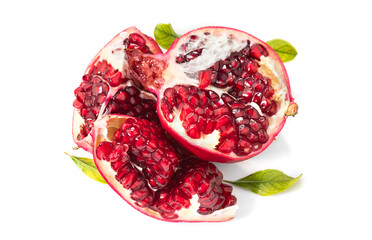 Pomegranate. Fresh juicy Pomegranates with leaves isolated on a White Background. Organic Bio fruits. Top view