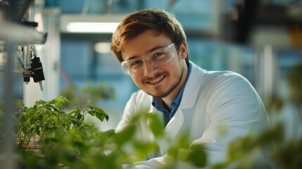 A Young Man Wearing Safety Glasses and a Lab Coat Smiles and Looks Over a Row of Plants