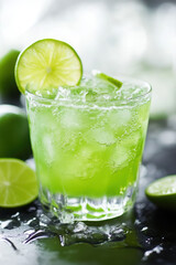 A refreshing lime cocktail served in a glass with ice cubes and a lime slice on the rim, creating a vibrant and cool presentation.