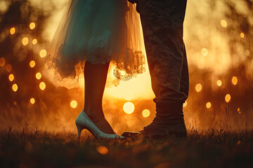 A bride wearing a white wedding dress and the groom in camouflage military pants, holding hands and kissing on a lawn at sunset. Created with Ai