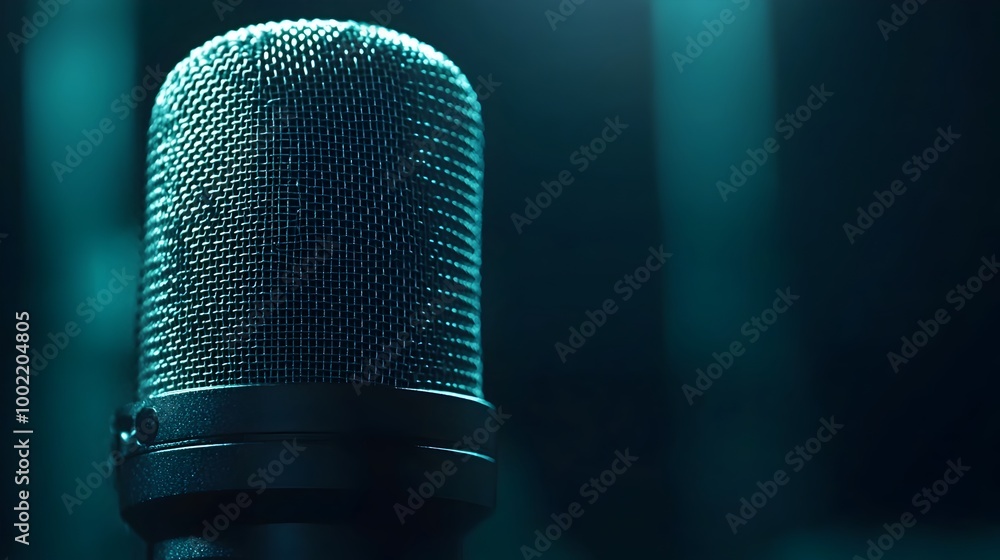 Poster macro close up shot of a metallic microphone grille with an intricate perforated texture the grille 