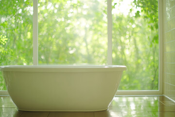 Fototapeta premium A modern, minimalist bathroom with a white bathtub, a large window showcasing a lush green forest, a bright and airy atmosphere, white curtains flowing in the wind, natural light, tranquility